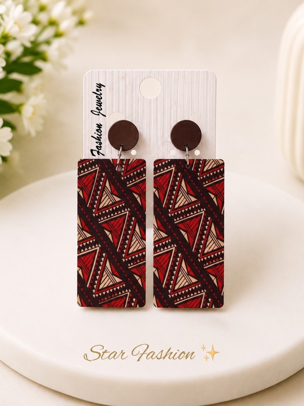 Fashion Jewelry Red & Brown Tribal Rectangle Drop Earrings